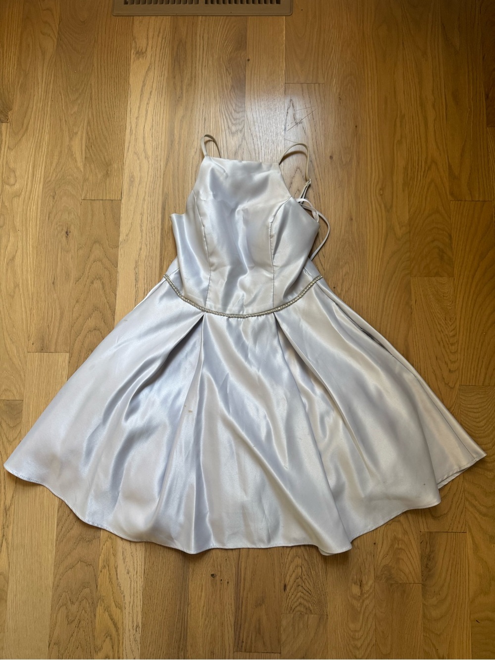 B. Darlin Dillard’s Silver Satin Fit & Flare Dress Rhinestone Waist Size 3/4